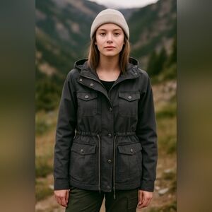 Essenza Utility Jacket Women’s M Black‎ Hooded Drawstring Waist Cotton Cargo